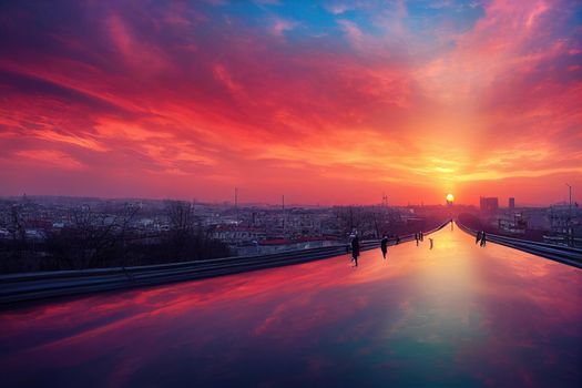 anime style, Belgrade Serbia March 2019 Colorful and beautiful sunset scenery over the city of Belgrade while driving a car on the highway Entering the capital of Serbia with an urban street view ove