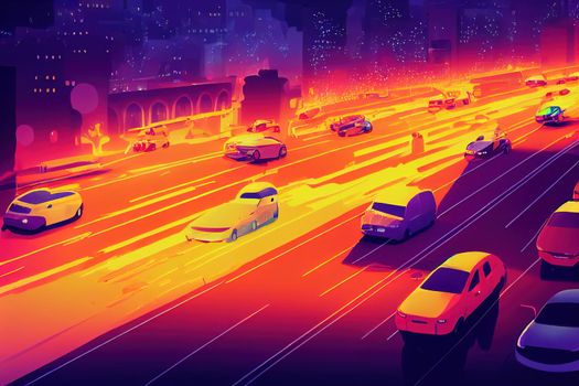 cartoon drawing Car traffic pollution traffic jam in the morning and evening in the capital city of Bucharest Romania , Anime style