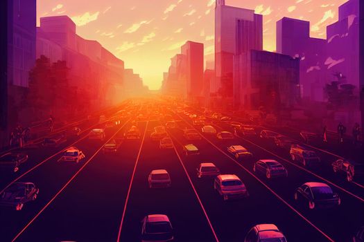 anime style, Car traffic pollution traffic jam in the morning and evening in the capital city of Bucharest Romania 2022 , Anime style no watermark
