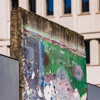 An original piece of the Berlin Wall exhibited at Potsdamer Platz in Berlin, Germany