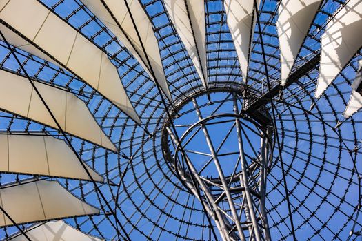 The roof construction with sails and steel at the Sony Center in Berlin, Germany