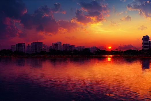 Cartoon drawing Colombo city skyline and Beira lake chanel at sunset Colombo is the commercial capital and largest city of Sri Lanka , Anime style no watermark