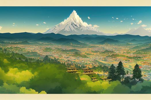 2d drawing Thimphu capital city of Bhutan Valley country , Anime style