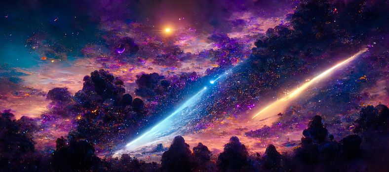 abstract background of outer space with ultra bright stars and comets on the theme of explosions and life in space.