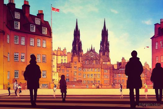 2d drawing Tourists walking around the capital city This is a famous landmark Edinurgh city centre scotland Uk th 2 , Anime style no watermark