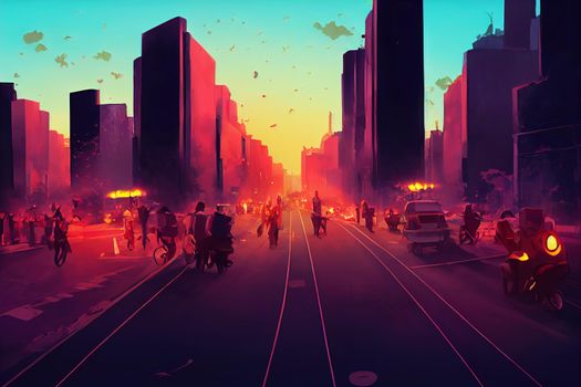 Cartoon style Bad traffic on the streets of the capital city of Indonesia , Anime style no watermark