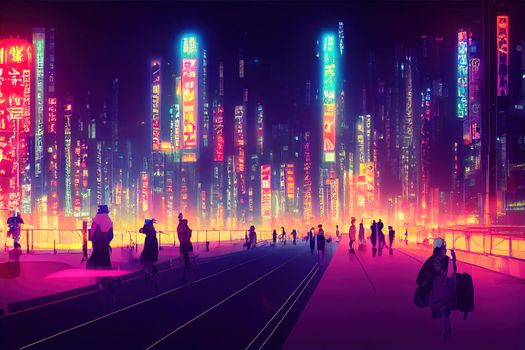 anime Tokyo City Night Landscape illuminated by lights from modern building and light trail from moving traffic on road Tokyo Metropolitan at night cyberpunk and Neon City concept , Anime style