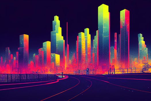 cartoon drawing Tokyo City Night Landscape illuminated by lights from modern building and light trail from moving traffic on road Tokyo Metropolitan at night cyberpunk and Neon City concept no water