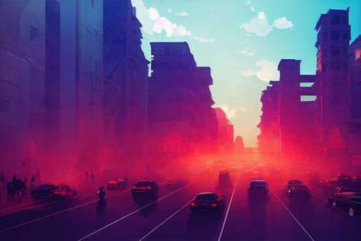 anime style, Car traffic pollution traffic jam in the morning and evening in the capital city of Bucharest Romania 2022 , Anime style