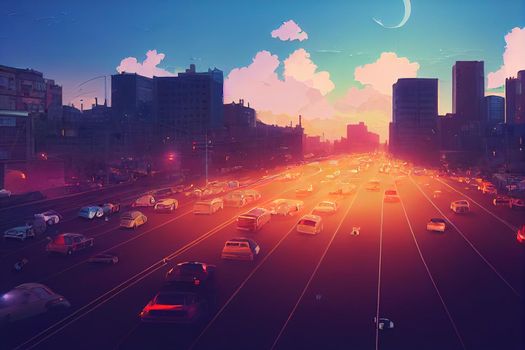 anime style, Car traffic pollution traffic jam in the morning and evening in the capital city of Bucharest Romania 2022 , Anime style no watermark