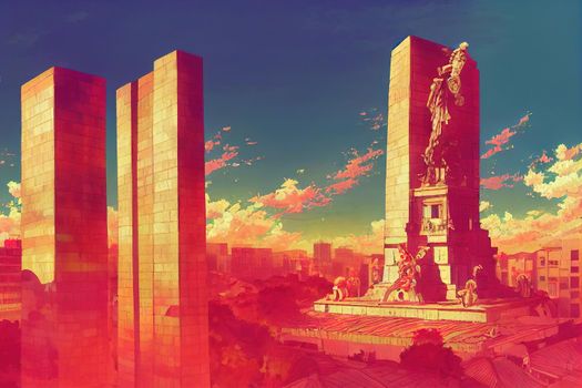 anime style, One of the major Mexico City tourist attractions Angel of Independence column located near city financial center and historic center El Zocalo , Anime style