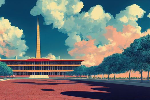anime style, Tirana Albania June 2022 Albania Parliament building in central Tirana Albania Albanian government building in the capital city , Anime style no watermark