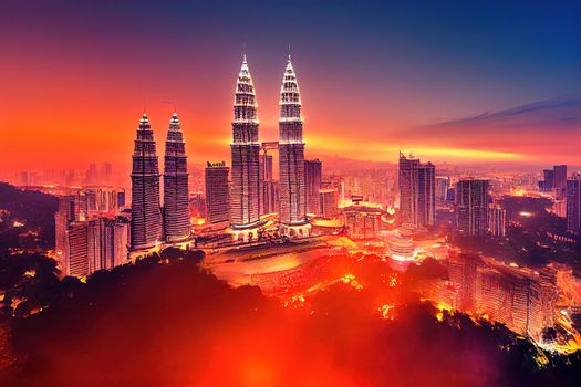 Cartoon drawing Cartoon drawing Kuala Lumpur Malaysia June Aerial view Panorama photo of the Kuala Lumpur City of Malaysia Sunrise photo , Anime style