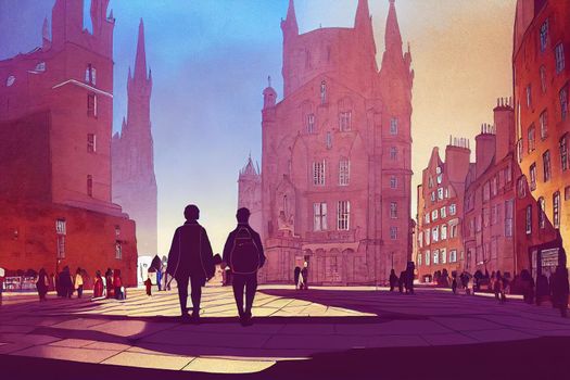 2d drawing Tourists walking around the capital city This is a famous landmark Edinurgh city centre scotland Uk th 2 , Anime style no watermark