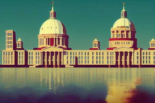 Cartoon style The Naval Academy Dome and the Maryland Statehouse buildings show up left in the Annapolis Skyline , Anime style no watermark