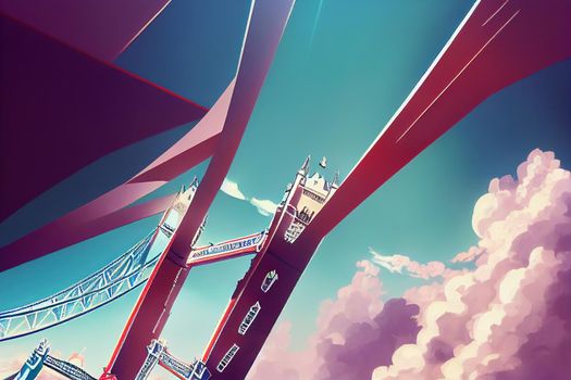 anime style, Aerial view on Tower Bridge and Shard in sunny day London UK , Anime style no watermark