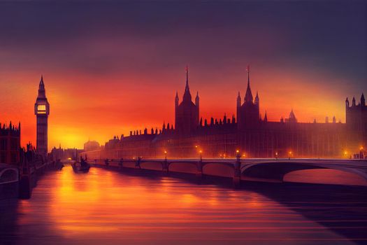 Big Ben and Westminster Bridge in London at sunset England , Anime style