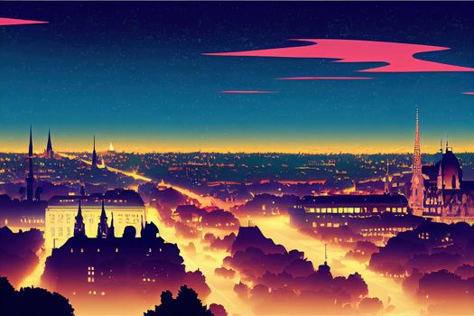 Cartoon style Vienna skyline by night Austria , Anime style no watermark