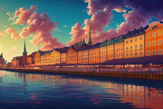 anime style, Scenic summer panorama of the Old Town (Gamla Stan) pier architecture in Stockholm Sweden , Anime style no watermark