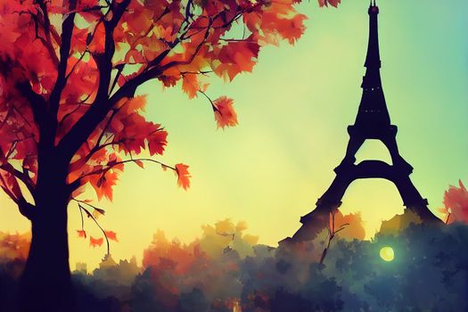 toon style Eiffel tower against autumn tree and sunrise in Paris France , Anime style