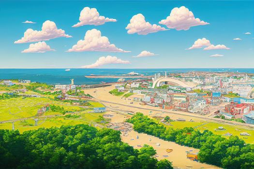 Cartoon drawing CARDIFF WALES AUGUST Cardiff Coastal City Sea Town and Capital of Wales Europe in Great Britain on a warm and sunny day , Anime style no watermark