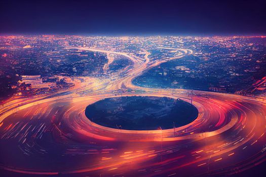 anime style, Road roundabout with car lots in the city in ThailandSixth Street intersection is beautifulcity scape Light eveningAerial view transportation , Anime style no watermark