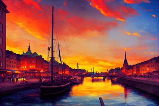 anime style, Scenic summer sunset in the Old Town (Gamla Stan) in Stockholm Sweden , Anime style no watermarks