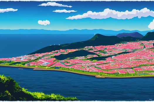 2d drawing Funchal Madeira view over the capital city of the island towards harbor View from Pico dos Barcelo Atlantic Ocean in the background , Anime style