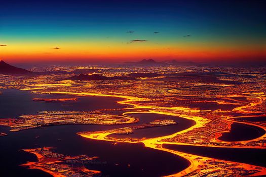 anime style, Skyline of Arrecife at sunset capital city of Lanzarote Canary Islands Spain , Anime style no watermark