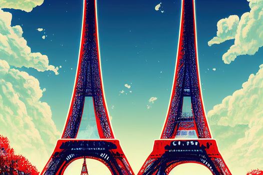 anime style, Eiffel Tower with blue sky Classical Paris illustration France capital city Esplanade du Trocadero Paris , Anime style no watermark