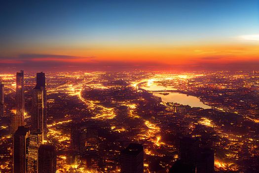 cartoon drawing sunlight rooftop view skyline bangkok twilight office buildings living condominium in bangkok city skyline top view Downtown and business office bank financial in capital city of thail