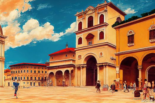 anime style, Christopher Columbus Palace on Piazza di Spagna in the historic center of Santo Domingo Dominican Republic , Anime style