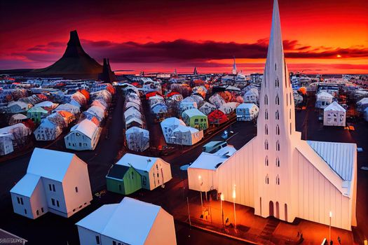 Cartoon style Hallgrimskirkja church in Reykjavik during sunset with flying birds in background Iceland most beautiful church in the world drone aerial shot Image amazing view on Icelandic capital ,