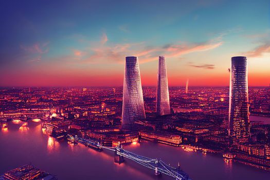 Cartoon drawing Skyward view of London City skyscrapers at twilight UK , Anime style
