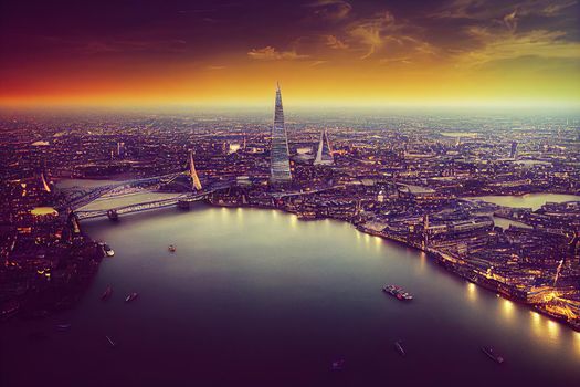 anime style, Aerial view of London with The Shard skyscraper and Thames river at sunset with grey clouds in the sky Vintage filter applied , Anime style