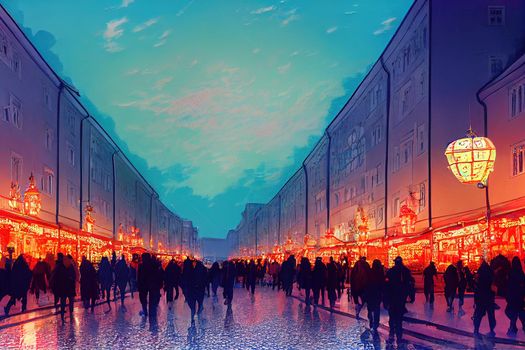 anime style, View of the pedestrian street in the center of the capital of Russia City walking street decorated with white lanterns Moscow Russia 05212022 , Anime style no watermark
