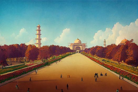 Cartoon drawing New Delhi India February View of Rajpath ceremonial boulevard from the Secretariat Building towards the India Gate , Anime style no watermark
