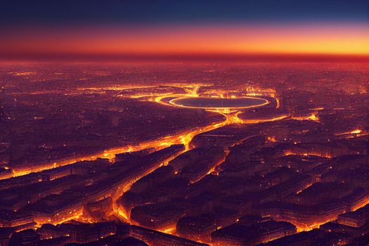 anime style, Wide angle view of Paris at twilight France , Anime style no watermark
