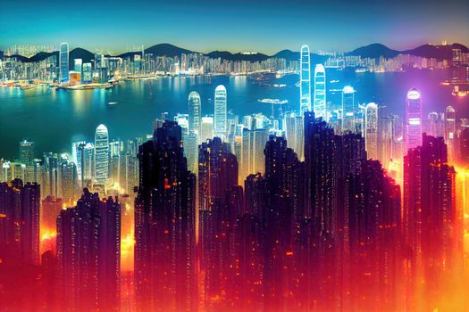 Cartoon style Aerial view of Hong Kong Downtown Financial district and business centers in smart city in Asia Top view of skyscraper and highrise buildings , Anime style