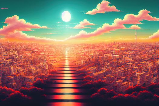 anime style, the skyline of Tel Aviv , Anime style no watermark