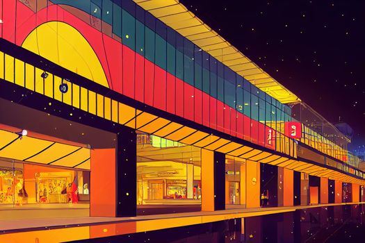 cartoon drawing Belgrade Serbia ruary 2 Illuminated Brands Signs at Beo Shopping Mall at Night in Capital City , Anime style no watermark