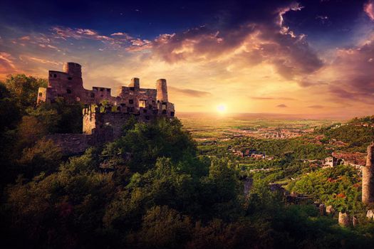 anime style, Ruins of The capital city of the Second Bulgarian Empire medieval stronghold Tsarevets Veliko Tarnovo Bulgaria , Anime style no watermark