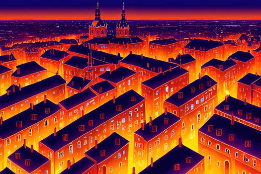 anime style, View from tower of St Peters Church on Riga Cathedral and roofs of old houses in old city of Riga Latvia , Anime style no watermark