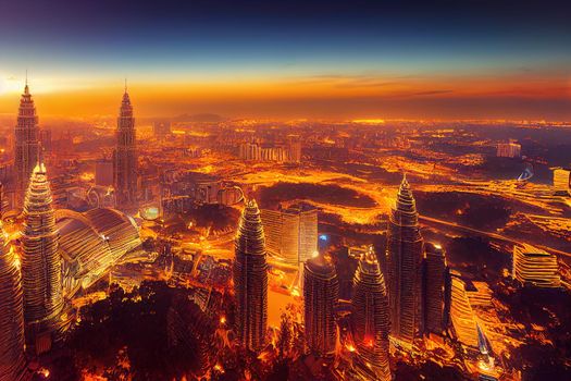 Cartoon drawing Cartoon drawing Kuala Lumpur Malaysia June Aerial view Panorama illustration of the Kuala Lumpur City of Malaysia Sunrise illustration , Anime style no watermark
