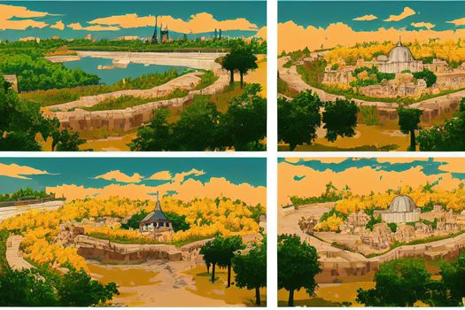 2d drawing Belgrade Serbia 2 d Bronze Model of Kalemegdan Fortress Park in Capital City Summer Day , Anime style no watermark
