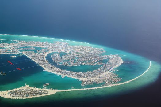 anime style, Male Maldive Capital City from a Seaplane , Anime style no watermark
