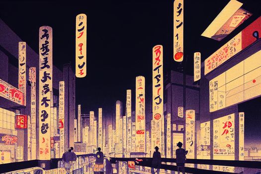 Cartoon drawing Night view of Tokyo the capital of JapanCyberpunk , Anime style no watermark