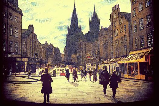 cartoon drawing Tourists walking around the capital city This is a famous landmark Edinurgh city centre scotland Uk th 2 , Anime style no watermark