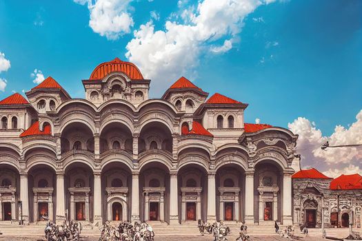 anime Bucharest Romania 0 2 The front of `George Enescu` Philharmonic landmark of Romanian capital city on a beautiful summer day , Anime style