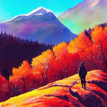 hiking in the autumn mountains, watercolor drawing. High quality illustration